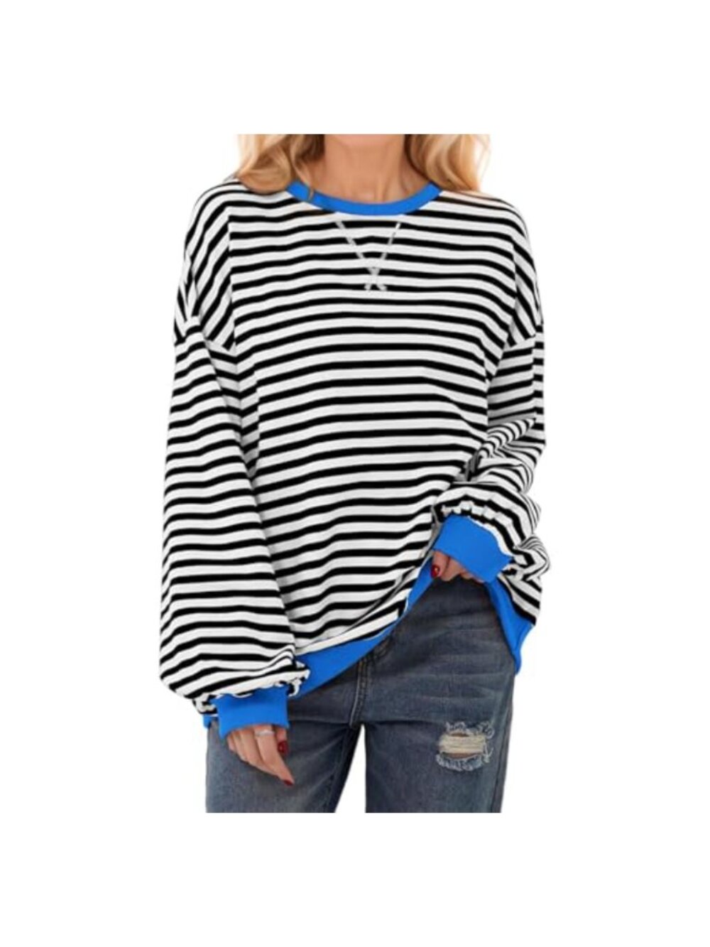 Women's Oversized Crewneck Striped Sweatshirt Cotton Long Sleeve Pullover